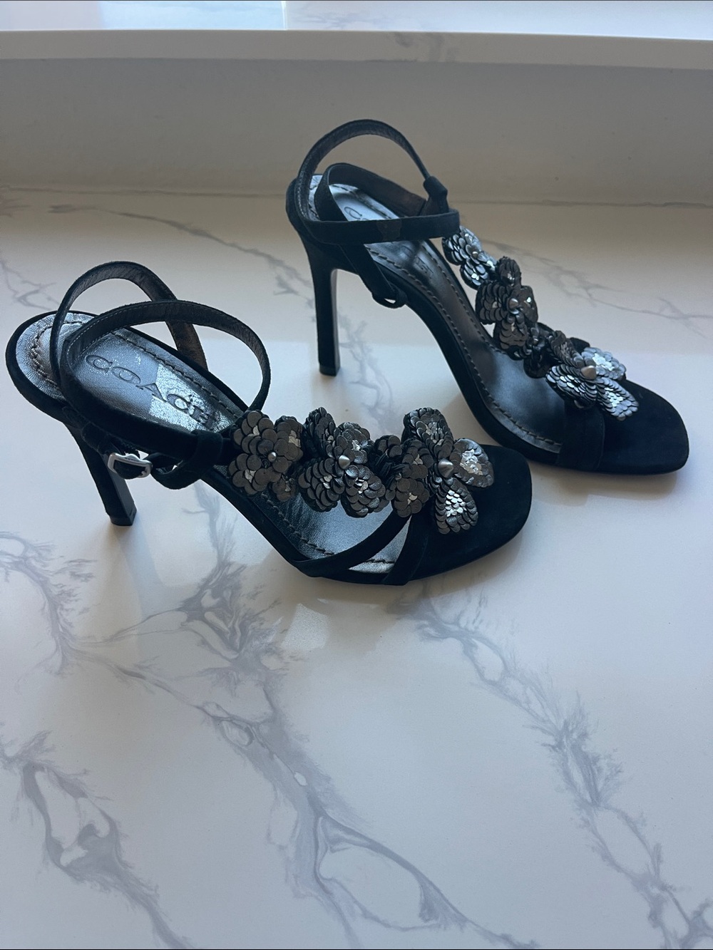 Coach beautiful Black Floral Embellished High Heel Sandals